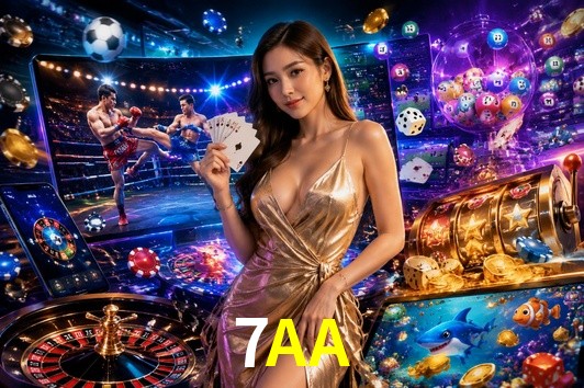 Una escena digital vívida inspirada en casino con 7AA mostrado prominentemente, luces brillantes, fichas, cartas y acentos dorados.