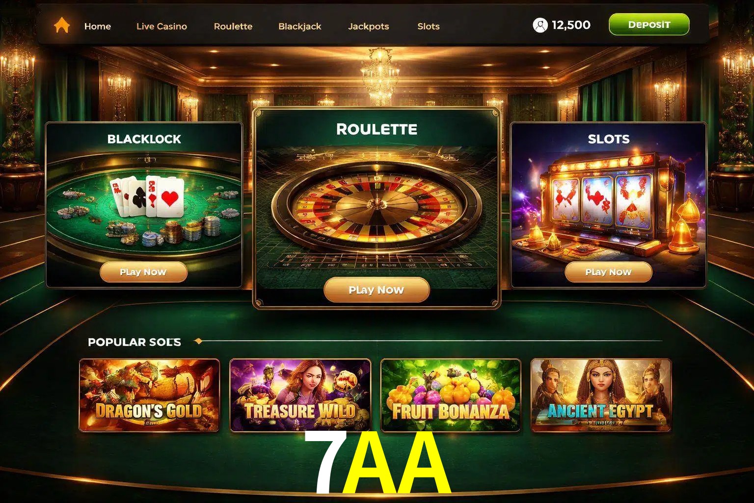 Vista de la plataforma 7AA Casino mostrando categorías organizadas de juegos en línea