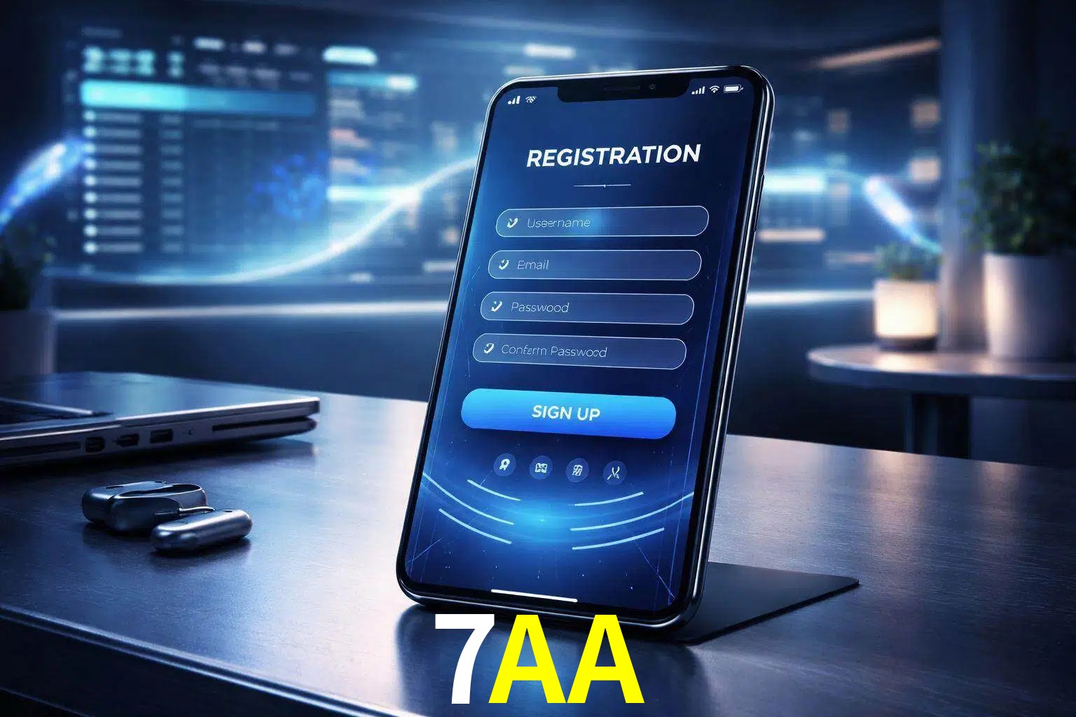 Una interfaz moderna de registro móvil para 7AA mostrada en un smartphone con un panel de apuestas elegante.